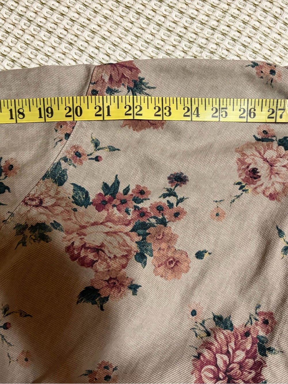 Floral Beige Jean Jacket with Pink Blossoms. 
Slightly oversized. Great for fall - Picture 8 of 11